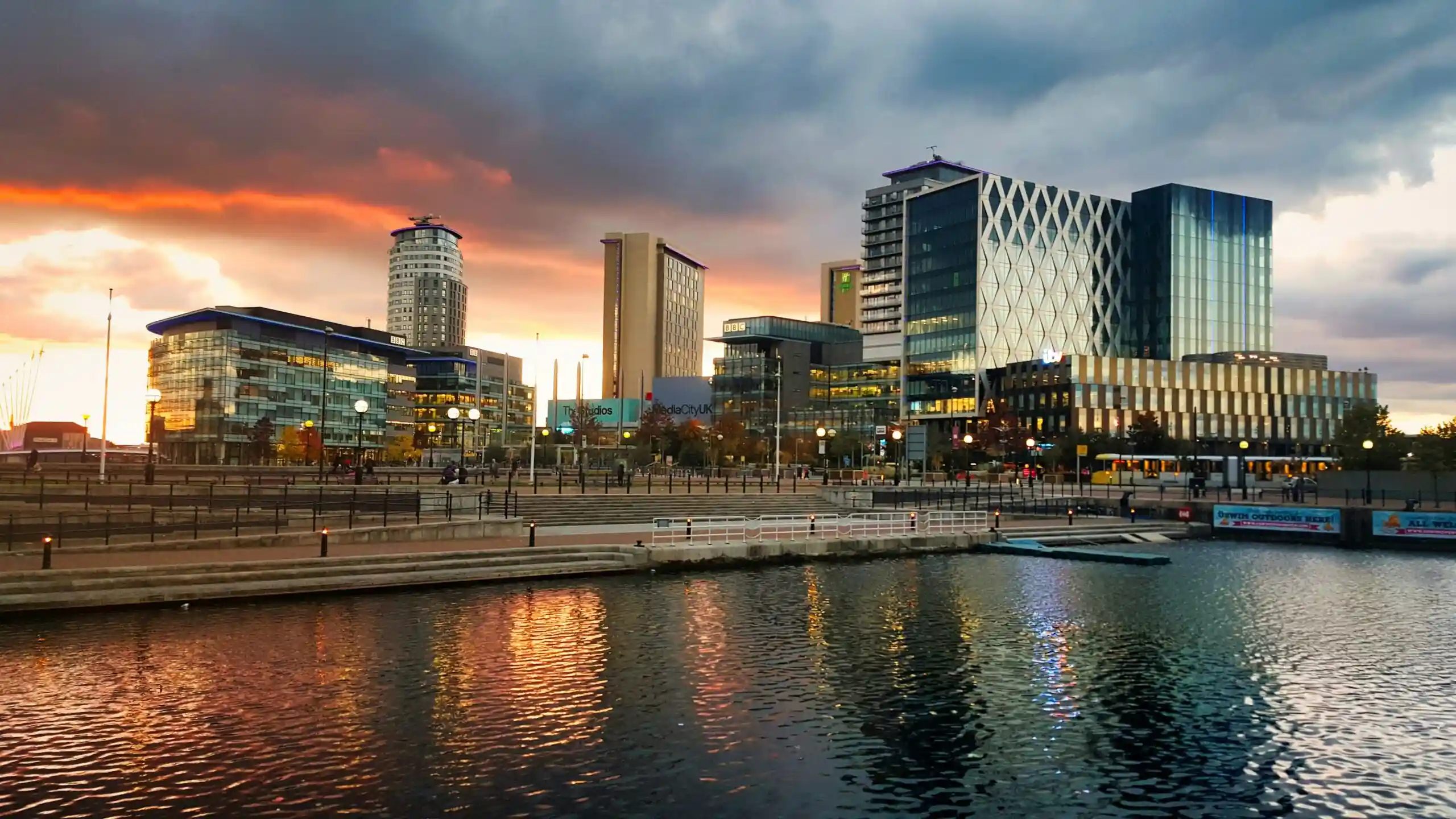 MediaCityUK at Salford Quays, Manchester, at dusk